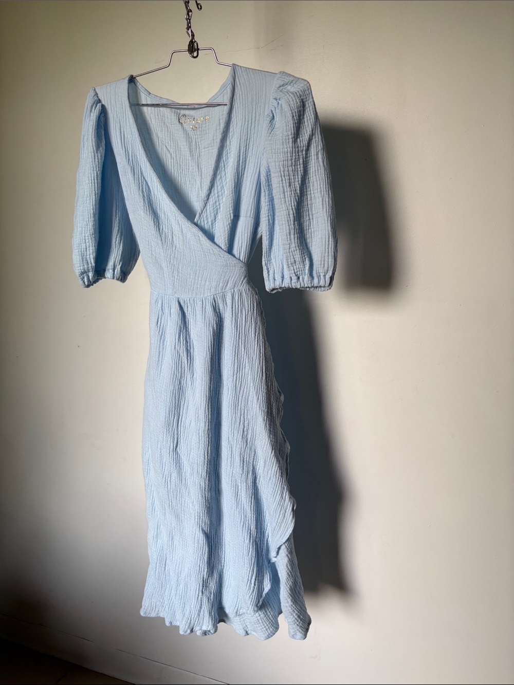 Piure European Muslin Cloth Light Blue Puff Sleeve Wrap Dress